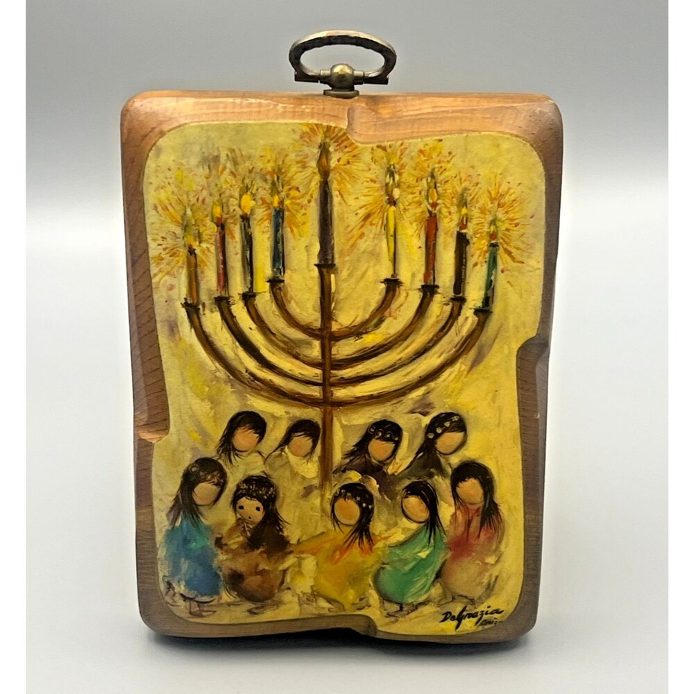 Vintage DeGrazia Hanukkah Menorah Wood Plaque Judaica Folk Art Wall Hanging